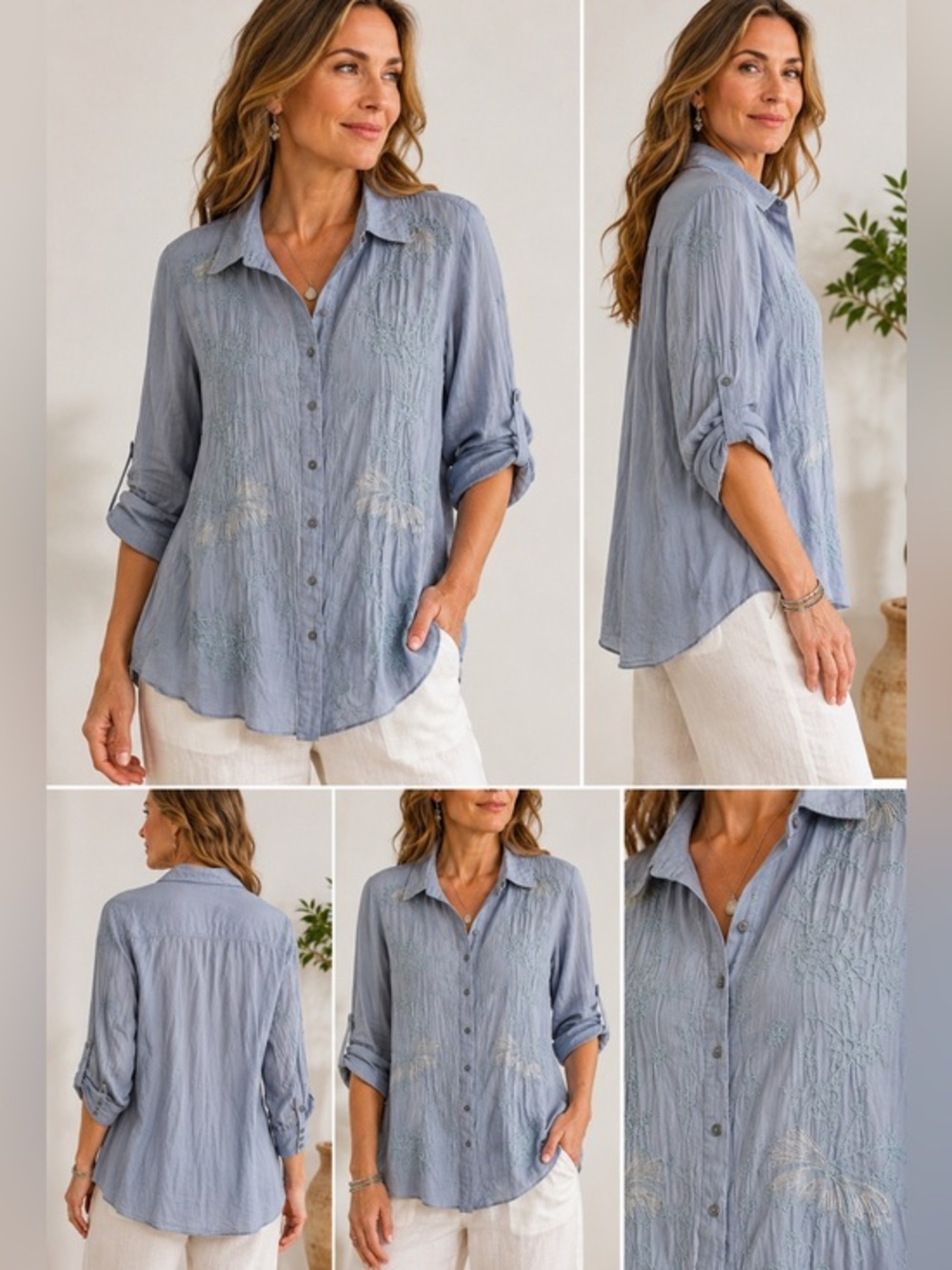 KARYN SEO FLORAL EMBROIDERED BLUE GRAY SHIRT SZ S